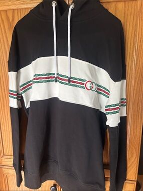 Gucci Black Hoodie with White Panel and Green-Red Stripe